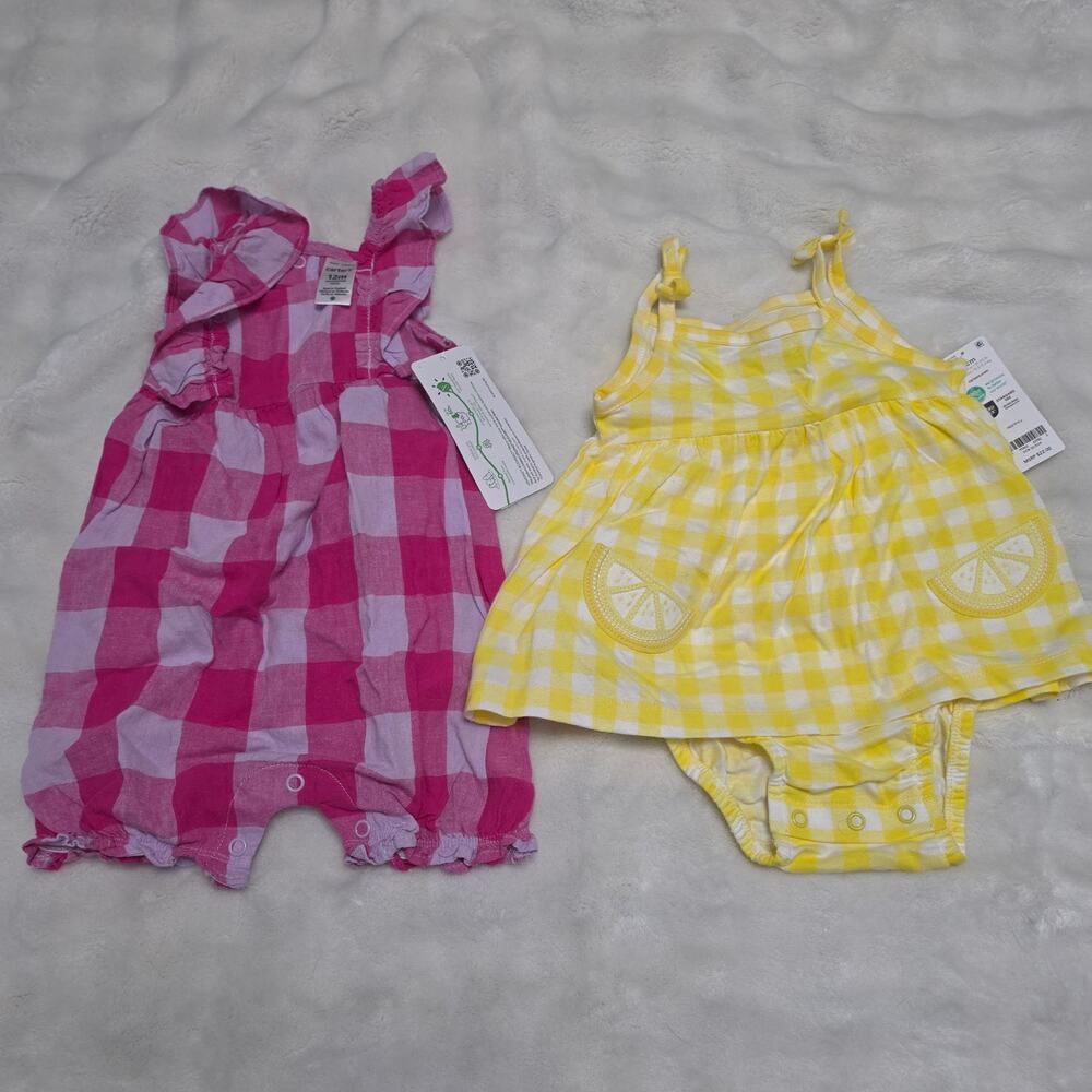 Carter’s Baby Girl 12M Romper Bundle Yellow Pink Gingham Summer One Pieces NWT
